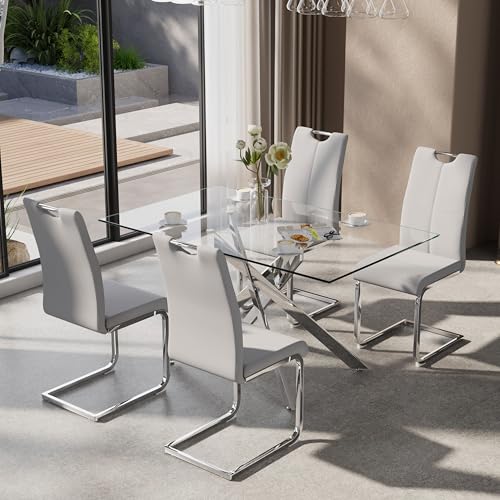 KATBOC 5-Piece Dining Table Set for 4, Modern Rectangular Glass Table with 4 Upholstered Leather Chairs, Space-Saving Dining Room Furniture Table & Chair Sets for Small Spaces&Apartment(Gray&Silver)