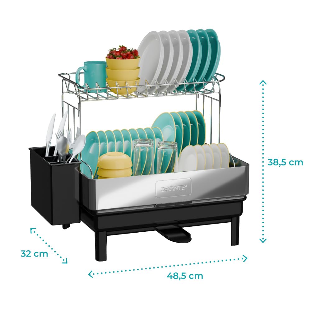 Abtropfgestell Geschirr Edelstahl Schwarz 48,5x32x38,5 cm - Geschirrabtropfgestell Kitchen - Geschirrständer - Moderne Abtropfgestell - Dish Drainer