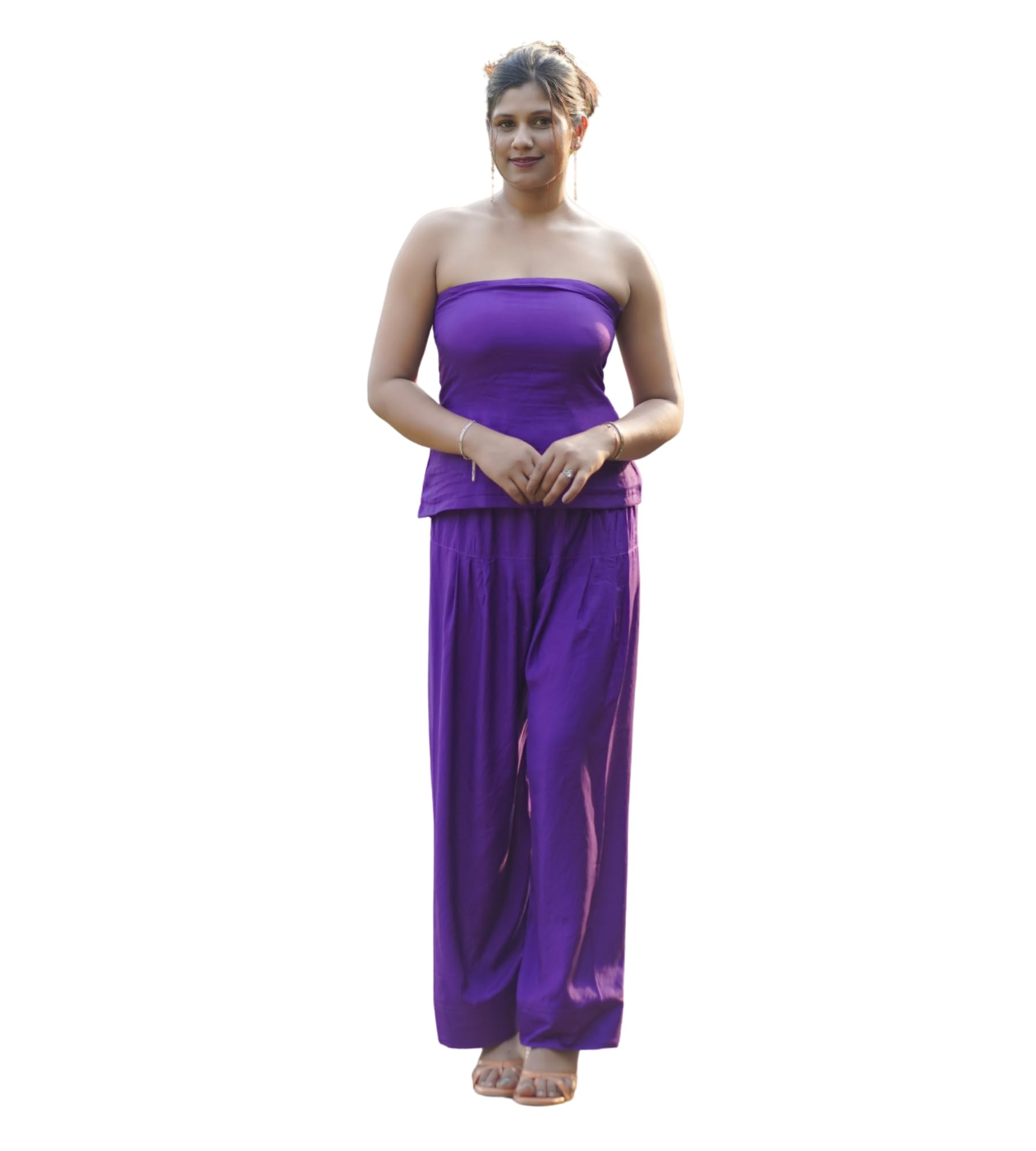 Dori n Dresses Women's Solid Purple Co-Ord Set | Strapless Tube Top with Lace-Up Dori Back & Wide-Leg Palazzo Pants | Two-Piece Indo-Western Dress for Girls & Women-picture-19