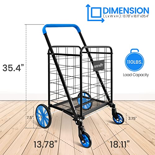 Utility Shopping Supermarket Cart, 360 Rolling Swivel Front Wheels, Collapsible Utility Cart, Heavy Duty, Portable, 3.5" D X 19.5" W X 38" H, Large Capacity 110 Lbs, Luggage, Laundry, Blue #TOP3
