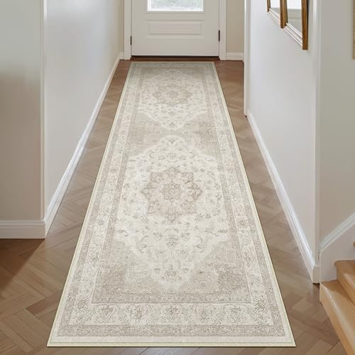 PureCozy Vintage Beige Teppich Flur Läufer 60x180cm Teppichläufer Boho Waschbarer Carpet Weich rutschfest Lang Teppiche Küche Schlafzimmer Bettvorleger Büro Kurzflor Tepich