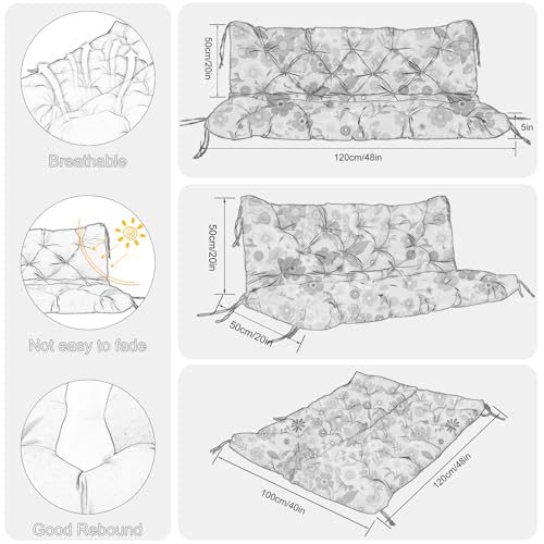 Image of Porch Swing Cushions Outdoor 48 inch x 40 Waterproof Swing Cushions 3 Seater Replacement with Backrest & 8 Ties 5 inch Thick Bench Swing Cushions for Outdoor Furniture Patio(Floral Pattern)