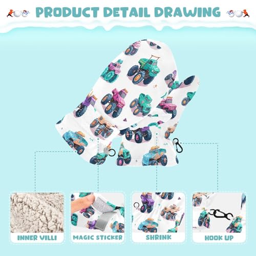 Caikeny Kids Snow Mittens Color Monster Trucks Toddler Warm Gloves Winter Ski Mittens for Girls Boys Baby 2-4 Years S4