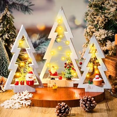 Set of 3 Wooden Christmas Tree Tabletop with Light Rustic Lighted Standing Christmas Tree Wood Xmas Tree Table Centerpieces Farmhouse Christmas Tiered Tray Decor for Home Party