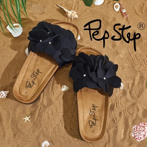 Image of PepStep Slide Sandals for Women or Ladies Dressy Summer Casual, Cute Bow Tie Knot On Top Strap, Comfy Slip On Cork Foot Bed