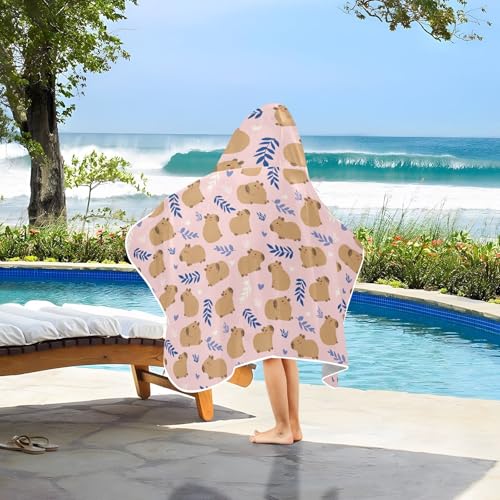 Image of Pink Cute Capybara Hooded Beach Towel for Kids, Kids Bath Hooded Towels for Boys Girls, Super Soft Absorbent Bathrobe with Hood for Swin Pool 50 inchx23.5 inch