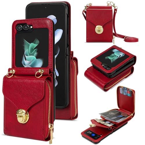 Étui Galaxy Z Flip 7 rouge avec lanière sacoche et fermeture éclair
