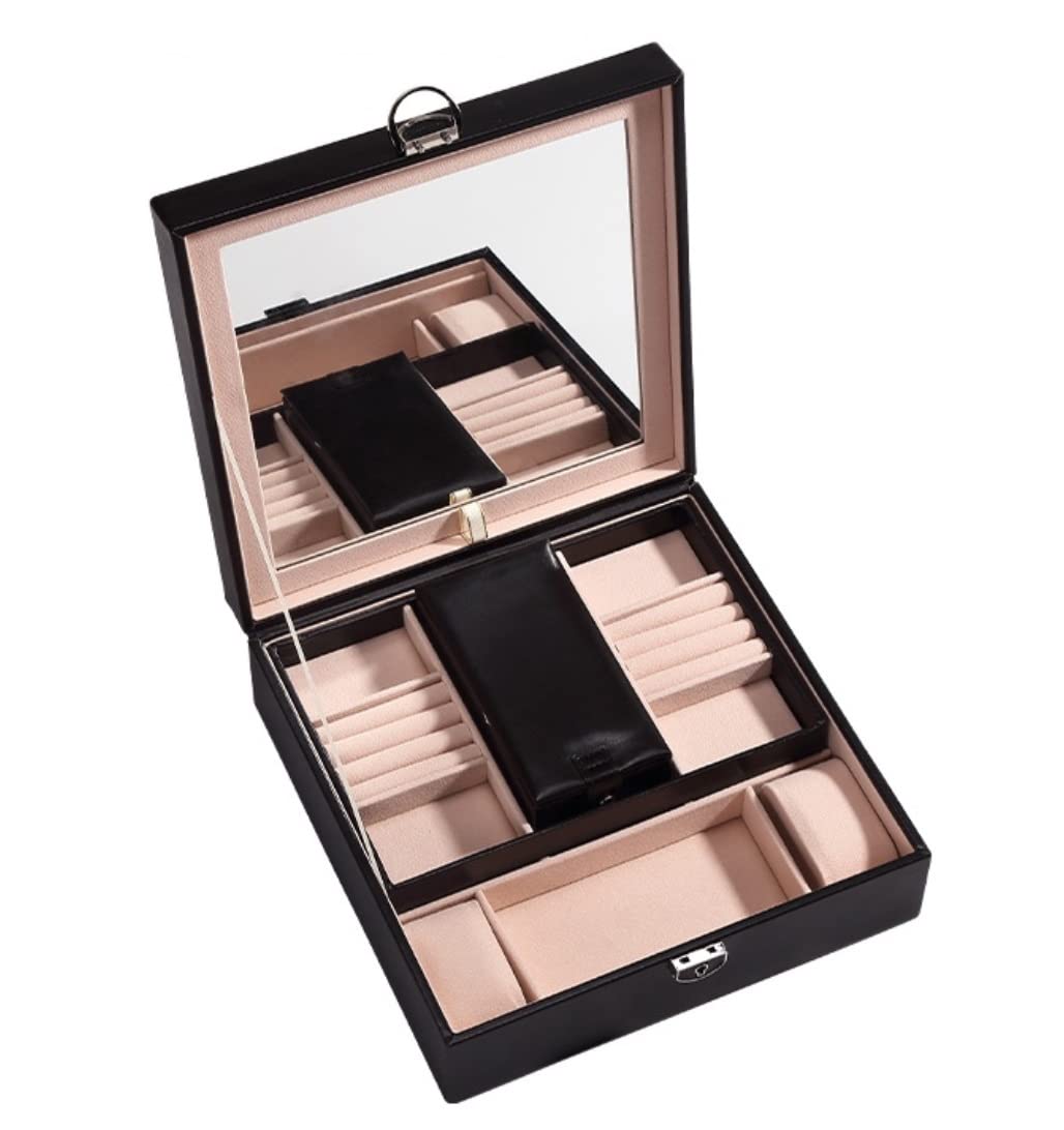 Scatola Per Gioielli Portagioie In Pelle PU Organizzatore Portagioie Da Viaggio Scatola Portaoggetti Con Serratura Per Donne Con Grande Custodia Per Vassoi A Specchio Contenitore Per Gioielli(Black)