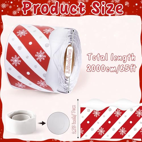 Image of BeYumi Christmas Stripe Border Trim - 65ft Winter Christmas Candy Cane Stripes Snowflake Rolled Border Trim Xmas Red and White Bulletin Board Borders School Classroom Office Chalkboard Party Decor