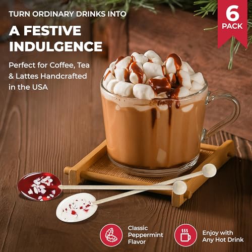 Image of Melville Candy Hot Cocoa /Latte Spoons & Stirrers Gift Set - Made in the USA Stirrers for Hot Cocoa, Lattes, & Coffee - Individually Wrapped (6-Count, Peppermint)