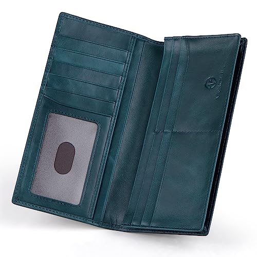 Image of VISOUL Leather Checkbook Cover Wallet for Men with RFID Blocking, Mens Long Bifold Cash Tall Wallet with 11 Credit Card Slots 1 ID Window (Dark Blue)