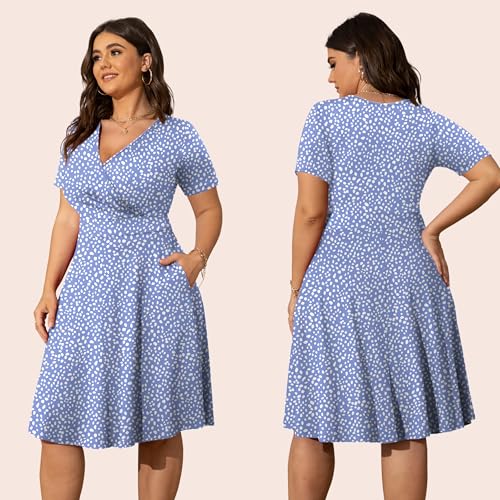 Image of POSESHE Womens Plus Size Dresses Summer Short Sleeve Wrap V-Neck Sundress Casual Wedding Guest Cocktail Dress with Pockets
