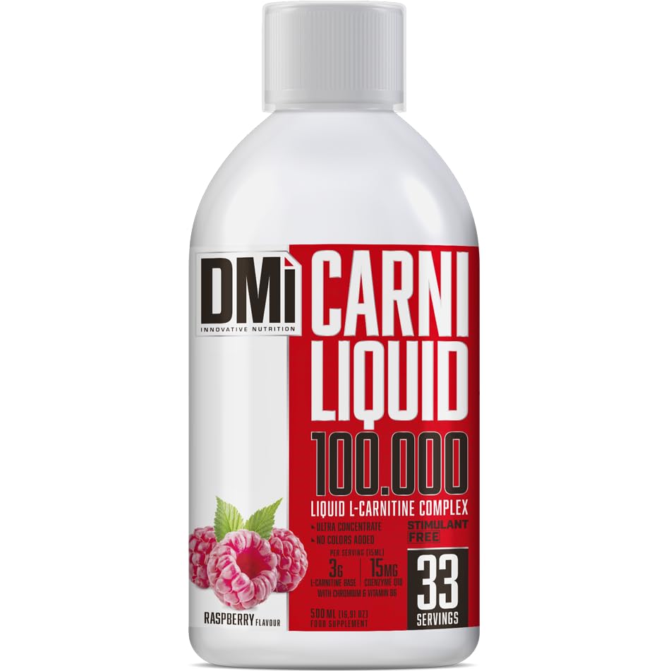DMI INNOVATIVE NUTRITION Carni Liquid 100.000 – L Carnitina Líquida 500 ml con Coenzima Q10, Vitamina B6 y Cromo – Sabor Frambuesa – Sin Estimulantes ni Colorantes – Suplemento Deportivo