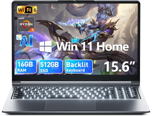 MELIUNA 15.6 Inch Computer Laptop, AI Software AMD Ryzen 5 Processor (Up to 3.6GHz), 16GB DDR4 512GB SSD Windows 11 Laptop with Backlit Keyboard Ordinateur Portable, Full-Featured Type-C