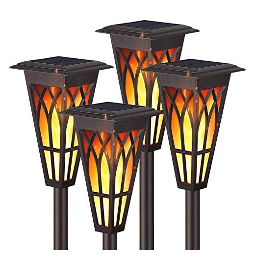 Solar Torch Lights – Solar Flame Torch Lights Outdoor 4 Pack 2 Modes Always-On/Flickering Flame Matte Lampshade Auto On/Off Pathway Lights Solar Powered Stainless Steel IP65 Waterproof Path/Beach/Yard