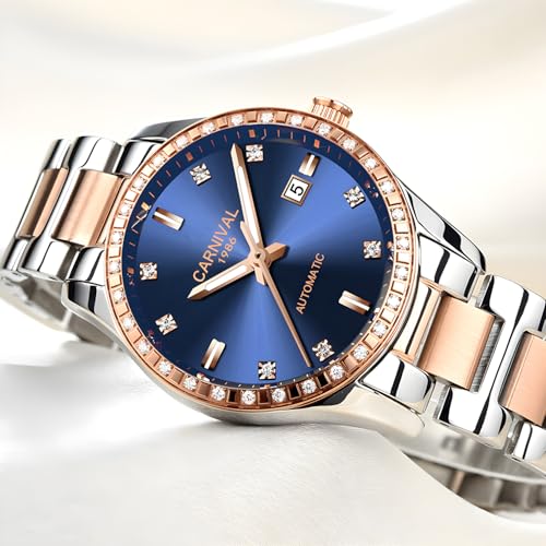 Image of Women's Diamond Automatic Mechanical Rose Gold Stainless Steel Sapphire Waterproof Lady's Elegant Blue Watch