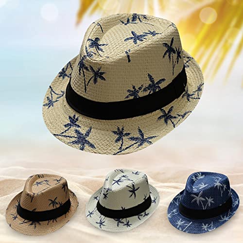 Kids Summer Straw Hat Parent Child Beach Wind Travel Tree Printing Paper Straw Jazz Hat Seaside Sun Hats(White,One Size) #TOP4