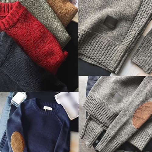 Mens Sweater with Elbow Patches, Men's Pullover Sweaters Fall Winter Long Sleeve Crew Neck Vintage Knitted Sweaters4