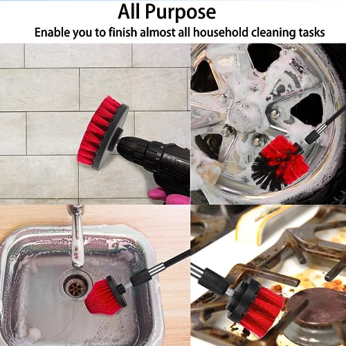 Image of 8 Pack Drill Brush Attachment Set, 1 /4in Power Scrubber Brush + Extend Long Rod, Multi-Purpose Power Cleaning Scrub Brush for Bathroom, Tub, Tile, Corner, Floor(Red)