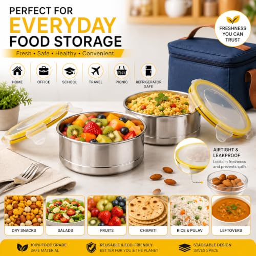 Image of Stainless Steel Airtight Round Container with Leak Proof Lid | BPA Free Food Storage Lunch Box Dabba for Office College School Home Travel | Tiffin Box (6 x 15.50 cm Size) | Pack of 2,Yellow