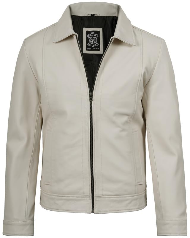Image of Blingsoul Disc White Leather Jacket Men Real Lambskin | [1124096] Jose Off White, XXL