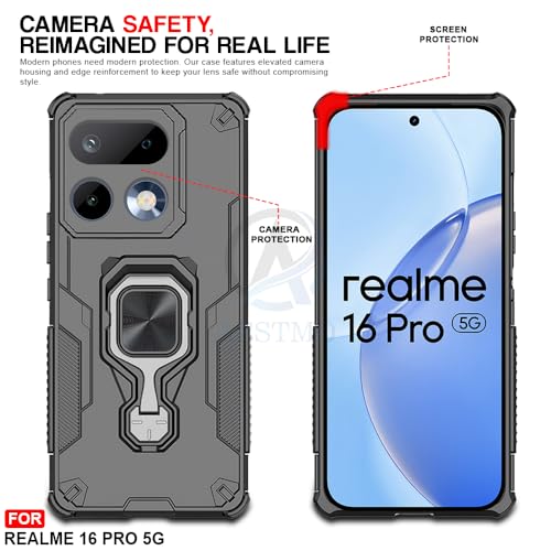 Image of AESTMO Armor Back Cover for Realme 16 Pro 5G | Ring Holder & Kickstand & Camera Protection in-Built | 360 Degree Protection Back Case Cover for Realme 16 Pro 5G (Black)