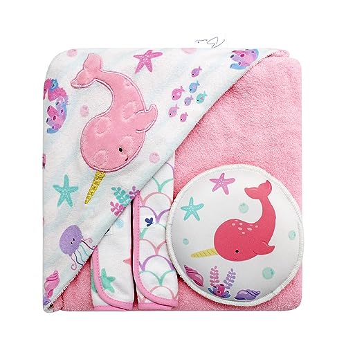 Image of BAMI Baby Bath Set - Soft Cotton Hooded Towel with 2 Facial Towels and Bath Sponge - Ultra-Absorbent, Gentle for Sensitive Skin, Ideal for Newborns and Toddlers