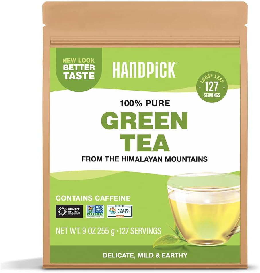 HANDPICK, Green Tea Loose Leaf (255g/9oz) 127 Cups | Non-GMO, 100% Pure Green Tea Leaves Sourced from Himalayas, India | Resealable Ziplock Pouch