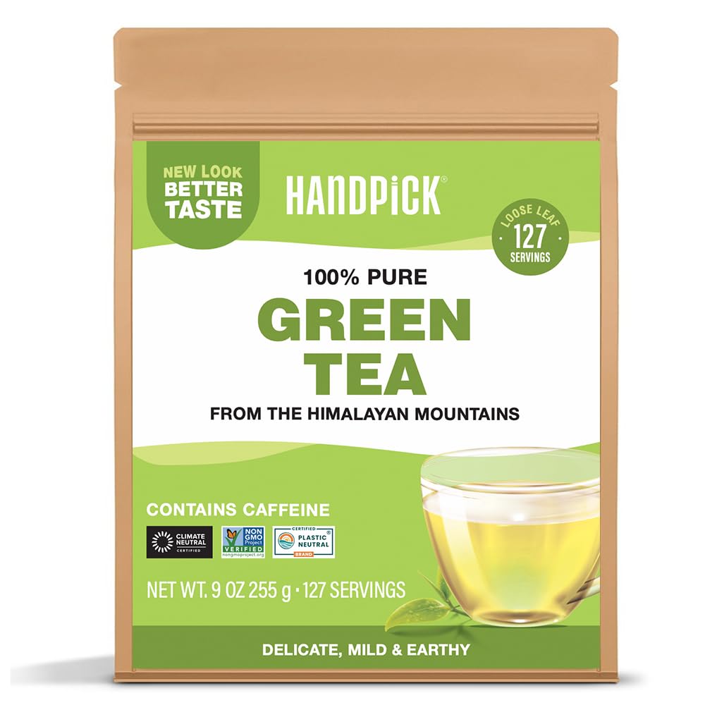 HANDPICKGreen Tea Loose Leaf (255g/9oz) 127 Cups | Non-GMO, 100% Pure Green Tea Leaves Sourced from Himalayas, India | Resealable Ziplock Pouch