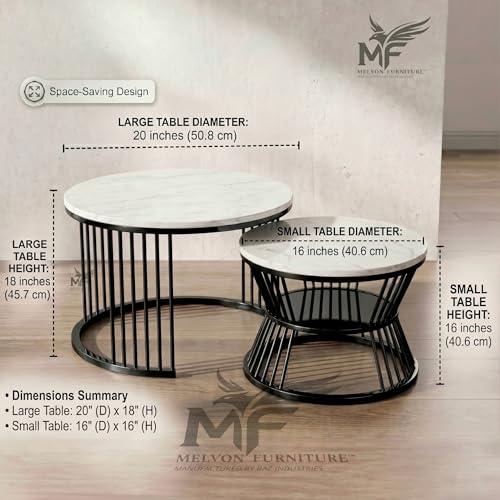 Image of MELVON Lightweight Nesting Coffee Table Set of 2, Black Frame with White Marble Look Top, Round Center & Side Table for Home