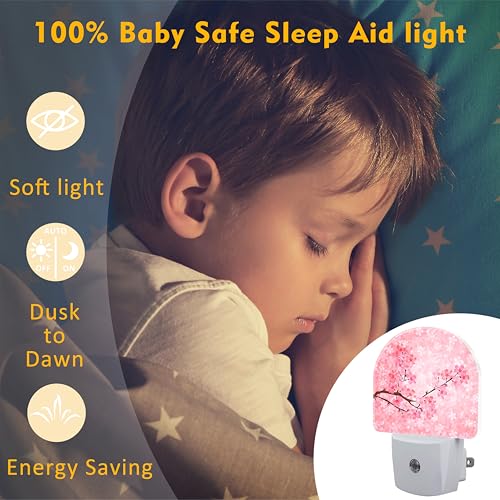Image of Pink Cherry Blossoms Night Light Plug into Wall, Blooming Cherry Tree Dusk to Dawn Night Light Plug in,0.5w Energy Saving Sleep Friendly NightLight for Kids Boys Girls Home Decor