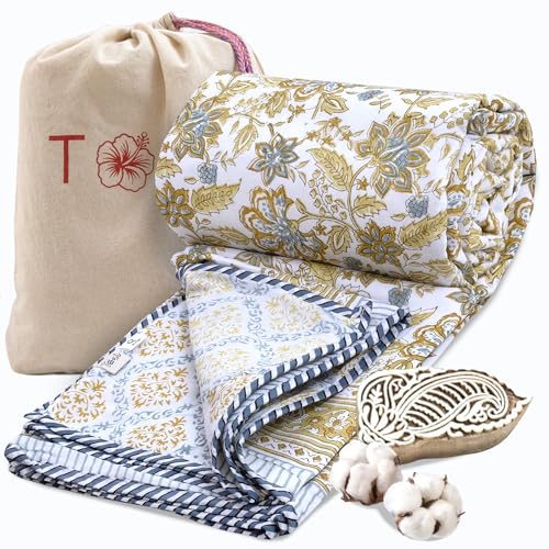 Image of TOAIArt Premium Jaipuri Dohar | AC Blanket Summer Quilt | Hand Block Printed | 3 Layers | Reversible | 150GSM 100% Mulmul Cotton | 100% Cotton Flannel Filling | Queen 90 inch X 108 inch |Autumn Leaves