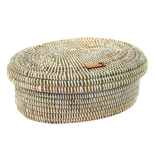 Corbeille de rangement africaine avec couvercle - 32 x 24 cm - Fabriquée en Afrique - Blanc Cover