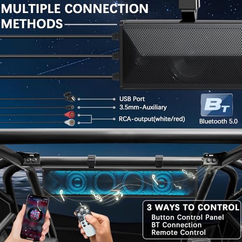 UTV Soundbar – 66 cm breit, 10,2 cm Lautsprecher, 2,5 cm weiche Kalottenhochtöner, Vollbereich mit mehrfarbiger Beleuchtung, IPX5 wetterfest, Bluetooth, integrierter Verstärker – Bild 6