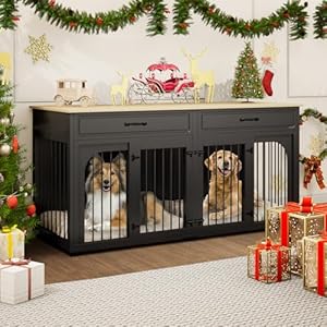 Ebe dog crate furniture 63wooden dog crate with 2 drawers dog kennel indoor furniture with removable divider heavy duty dog crate table indoor tv stand for small medium large dogs black  urban country home decor