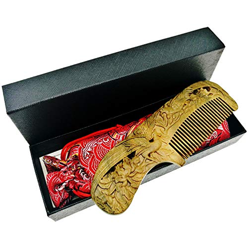 Chinese Wood Comb Handmade Peacock Carved Craft Natural Green Sandalwood Exotic Hair Combs Gift for Mother's Day-No Static and No Snag with Box & Bag