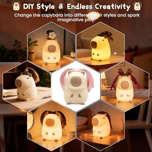 Image of FAMIDUO Cute Capybara Night Light, DIY Hairstyle & Squishy Silicone Lamp | Rechargeable Tap-Control Bedside Lamp,Soft Squishy Silicone Nursery Light for Boys & Girls,Cute Room Decor,Funny Xmas Gift