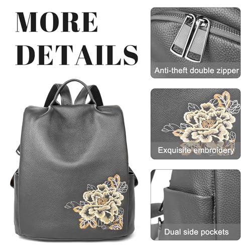 Image of BOYATU Genuine Leather Backpack for Women: Elegant Floral Designer Purse - Small Shoulder Bag for Travel (Grey)