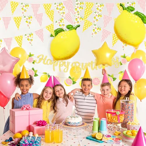 Image of Pink and Yellow Lemon Triangle Banner Balloons Lemonade Bar Stand Supplies Amalfi Coast Hawaiian Luau Summer Birthday Party Decorations Baby Shower Freshly Graduated Lemon Themed Party Decor