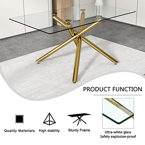63 Inch Glass Dining Table With Clear Rectangular Glass Top, 4 Chrome Golden Legs Modern Rectangular Glass Kitchen Table Furniture For Home Office Kitchen Dining Room, 4-6 People #TOP5