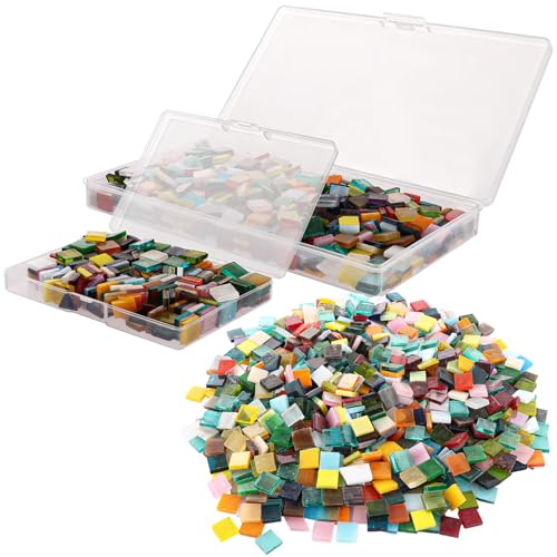 SENENQU 717g / 1028pcs Glass Mosaic Tiles, Mixed Colour Square Mosaic Pieces with 2pcs Storage Boxes, Crystal Mini Glass Tiles for Photo Frames Flower Pots Mirrors DIY Art & Crafts - 1 x 1 x 0.3cm