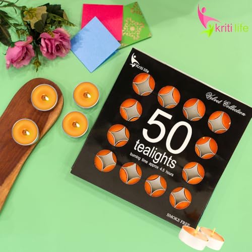 Image of Kriti Life Orange Scented Tealight Candles - 100% Paraffin Wax, Smokeless, Long Burn Time (4.5 Hours), Dripless Orange Candles for Home Decor, Diwali, Weddings & Meditation - Set of 50