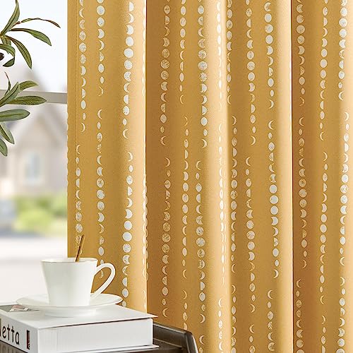 jinchan 95% Blackout Boho Curtains 84 Inches Long Mustard Moon Phases Printed Drapes Rod Pocket Thermal Insulated Curtains for Bedroom Nursery Yellow...