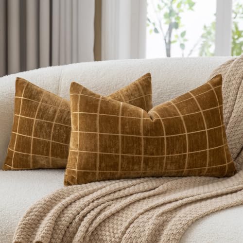 Mandioo Lot de 2 Housses de Coussin Bronze 30x50 cm Taie d'oreiller Décorative à Carreaux Vintage en Chenille Housses Coussin Dos en Velours Doux pour Canapé Lit Salon Ferme