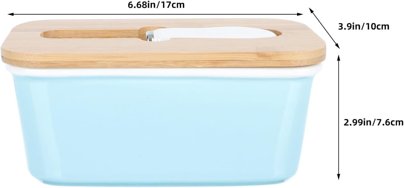 NUOBESTY Butter Box with Lid 600ml Ceramic Butter Keeper Tray with Spatula for Refrigerator and Kitchen Countertop Storage Light Blue Rectangular