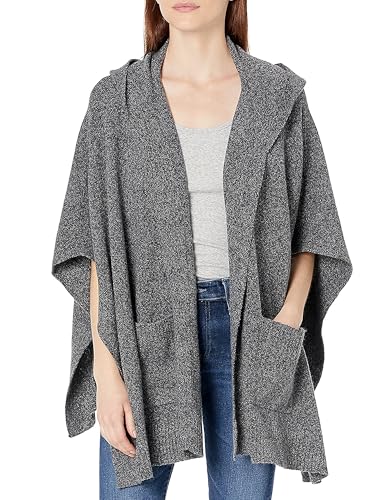 Cable Stitch Women's Soft Hooded Cape Poncho - Open Front Oversized Wrap Shawl Pullover Sweater with Pockets (Small/Medium, Marled Grey)