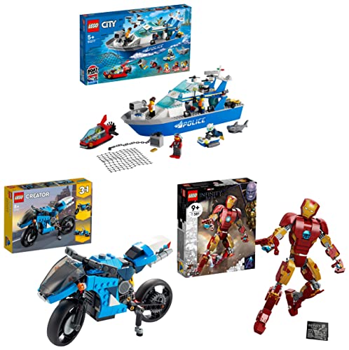 Image of LEGO City Police Patrol Boat 60277 Building Kit+Creator 3In1 Superbike 31114 Building Kit+76206 Iron Man Figure V29 Building Kit for 9 Years and Above - (Set of 3 Toys) Pack of 381 Pcs, Assorted