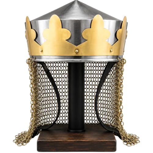 Medieval King's Helmet with Brass Crown and Chainmail Aventail helmet