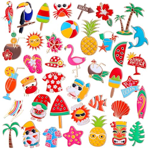 Image of Giegxin 40 Pcs Summer Enamel Pins Bulk Hawaiian Brooch Pins Beach Backpack Pins Tropical Button Pins Cute Cartoon Pineapple Watermelon Coconut Tree Lapel Pin for Hawaiian Party Festival Gifts