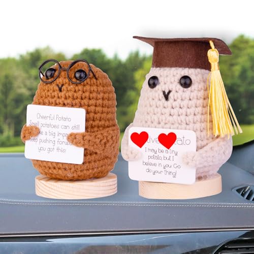 Image of Funny Crochet Potatoes, Handmade Emotional Support Wool Knitted Potato Doll Gifts with Wooden Base for Car Home Office(White&Yellow)